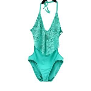 Y2K Mossimo Teal Green Partial Crotchet Overlay Halterneck Swimsuit Womens Sz M